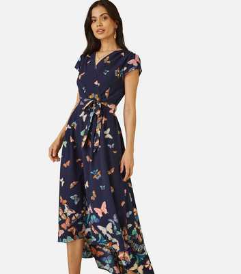 Mela Navy Butterfly Print Wrap Midi Dress