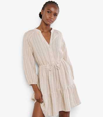 Apricot Stone Stripe Drawstring Linen Blend Mini Dress