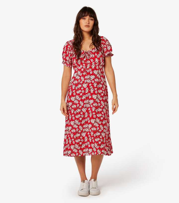 Apricot Red Floral Tie Detail Midi Dress