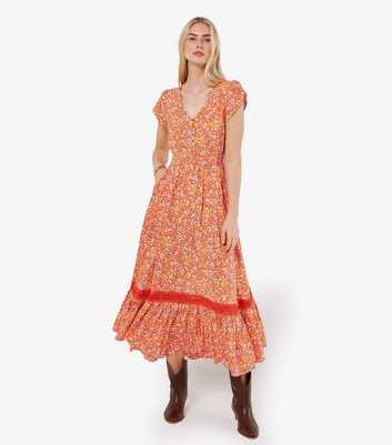 Apricot Orange Ditsy Floral Crochet Trim Maxi Dress
