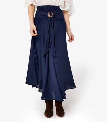 Apricot Navy Buckle Detail Midi Skirt