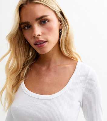 Petite White Ribbed Scoop Neck Long Sleeved Top 