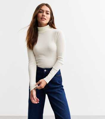 Petite Off White Rib Roll Neck Top