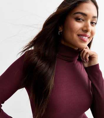 Petite Burgundy Rib Roll Neck Top