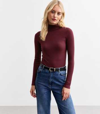 Tall Burgundy Rib Roll Neck Top