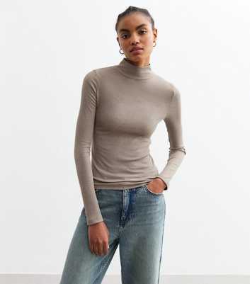 Tall Mink High Neck Rib Long Sleeve Top