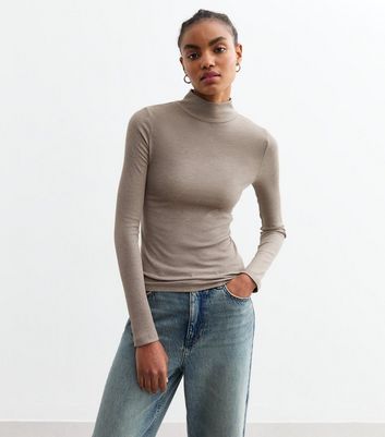 Tall Mink High Neck Rib Long Sleeve Top New Look