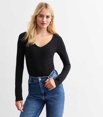 Tall Black Long Sleeve V Neck Bodysuit 