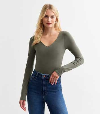 Tall Khaki Long Sleeve V Neck Bodysuit 