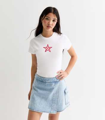 Girls White Gingham Star Ribbed T-Shirt