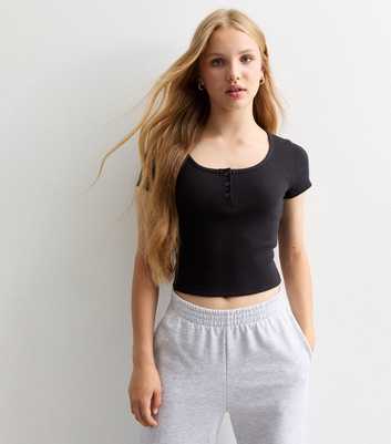 Girls Black Ribbed Button T-Shirt