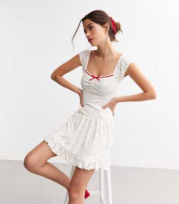 White Embroidered Bow Trim Mini Dress