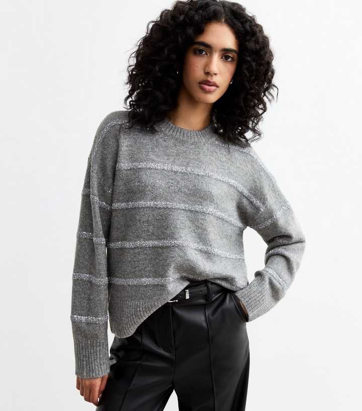Grey Sequinned Stripe Jumper 