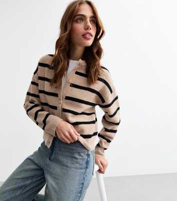 Beige Fine Knit Striped Cardigan