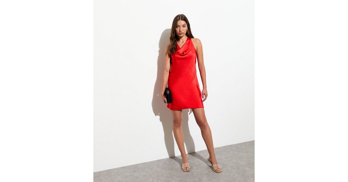 strapless open back dress Well Versed Cowl Neck Bodycon Mini Dress Red Selfie Leslie