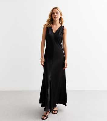 Black Lace Trim Sleeveless Satin Maxi Dress