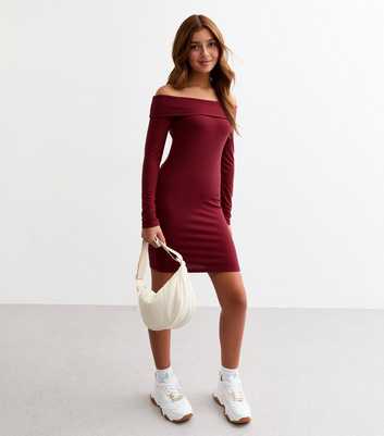 Girls Burgundy Bardot Ribbed Jersey Dress