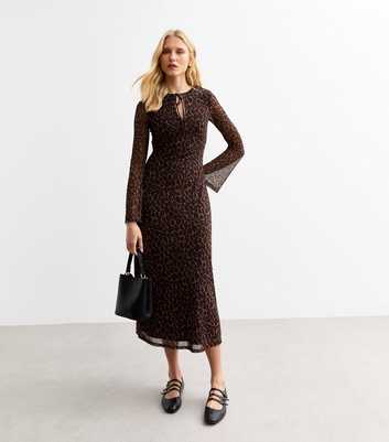 Brown Leopard Print Mesh Midi Dress