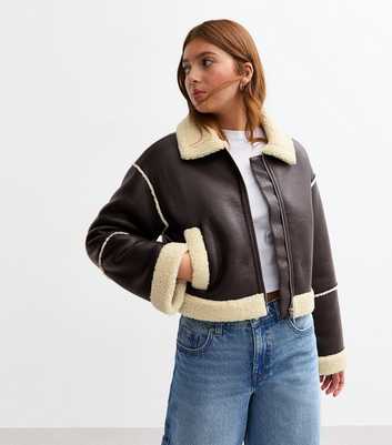 Girls Brown Faux Leather Crop Aviator Jacket