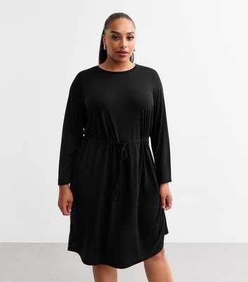 Curves Black Long Sleeve Jersey Drawstring Dress