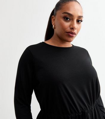 Curves Black Long Sleeve Jersey Drawstring Dress New Look