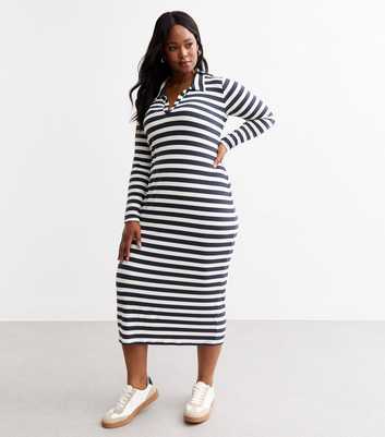 Curves Blue Striped Collared Midi Dress