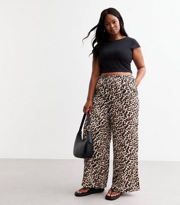 Curves Brown Leopard Print Satin Wide Leg Trousers New Look