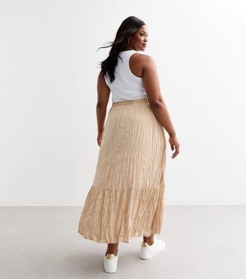 Curves Cream Crinkle Satin Maxi Skirt New Look