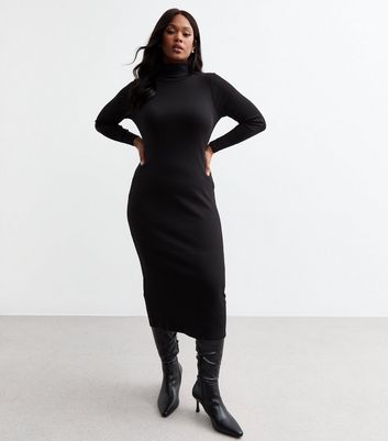 Curves Black Roll Neck Stretch Cotton Midi Dress New Look