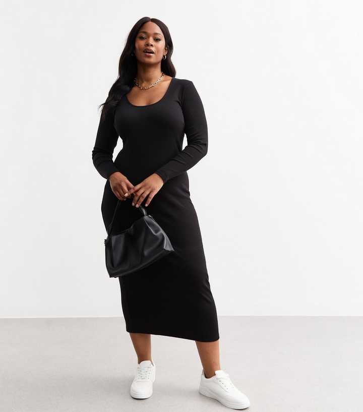 Curves Black Scoop Neck Ribbed Jersey Midi Dress New Look
