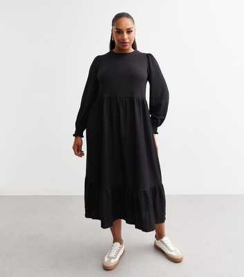 Curves Black Crinkled Midi Smock Dress