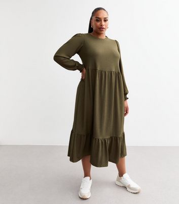 Curves Khaki Crinkled Midi Smock Dress | New Look