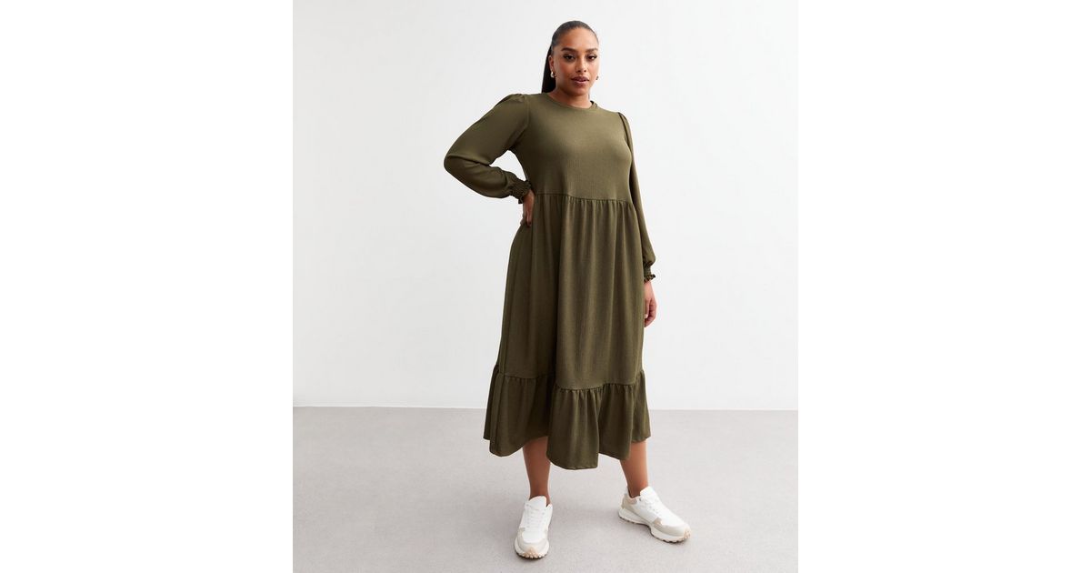 Curves Khaki Crinkled Midi Smock Dress | New Look
