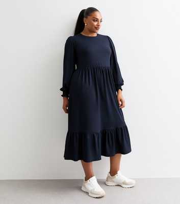 Curves Navy Crinkled Midi Smock Dress