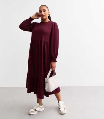 Curves Burgundy Crinkled Midi Smock Dress