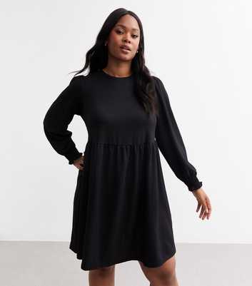 Curves Black Crinkle Long Sleeve Mini Smock Dress