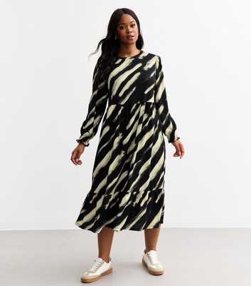 Curves Black Printed Jersey Long Sleeve Midi Dress