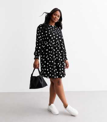 Curves Black Polka Dot Crinkled Mini Smock Dress