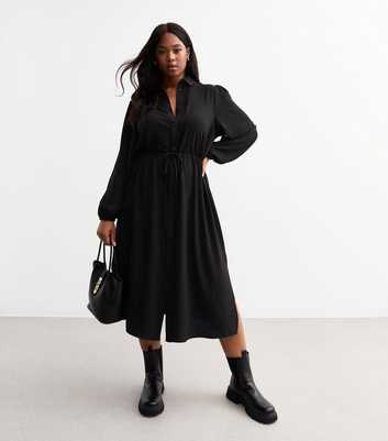 Curves Black Drawstring Waist Midi Shirt Dress