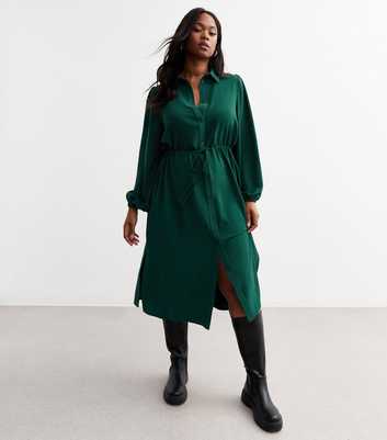 Curves Dark Green Drawstring Waist Midi Shirt Dress