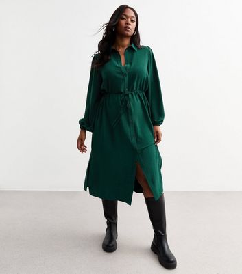 Curves Dark Green Drawstring Waist Midi Shirt Dress New Look