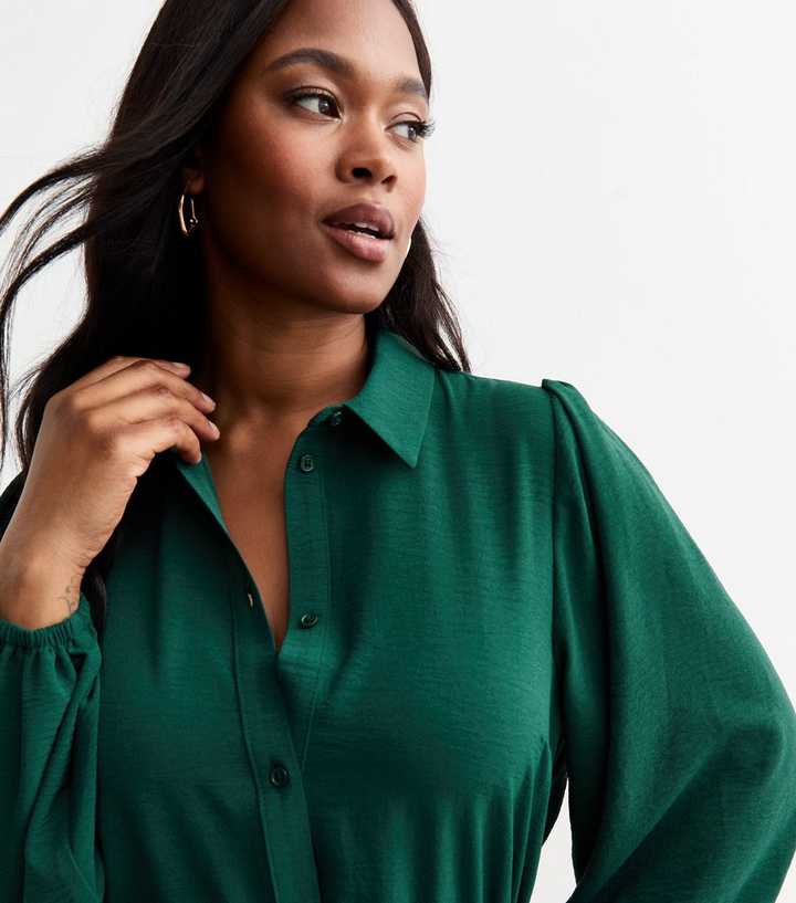 Curves Dark Green Drawstring Waist Midi Shirt Dress | New Look