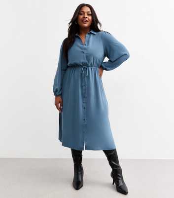 Curves Blue Drawstring Waist Midi Shirt Dress