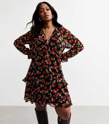 Curves Black Chiffon Rose Print Mini Dress