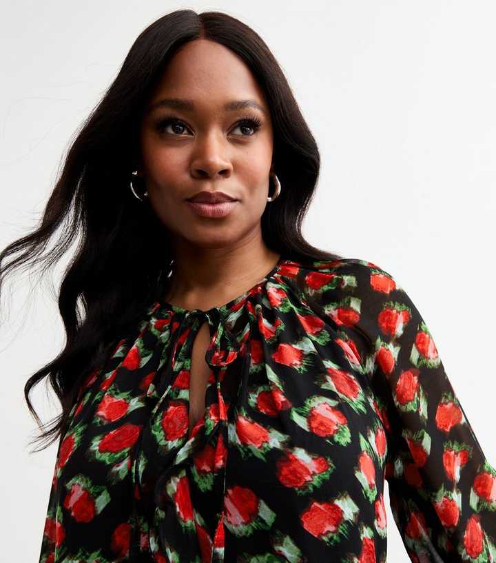 Curves Black Chiffon Rose Print Mini Dress | New Look