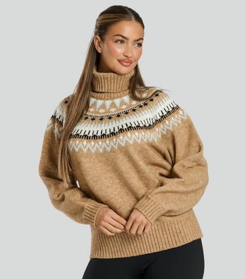 South Beach Light Brown Jacquard Roll Neck Knit Jumper New Look