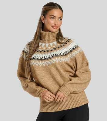 South Beach Light Brown Jacquard Roll Neck Knit Jumper