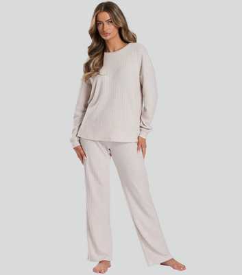 Loungeable Cream Brushed Rib Straight Leg Trousers