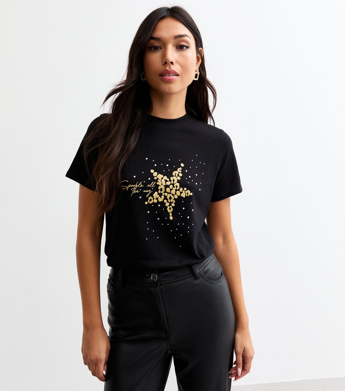 Women's Black Metallic Christmas Leopard Star Print T-Shirt New Look