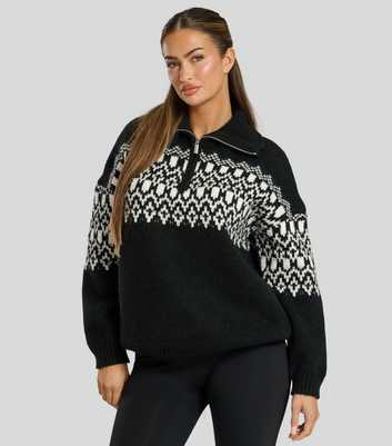 South Beach Black Fairisle Half Zip Jumper